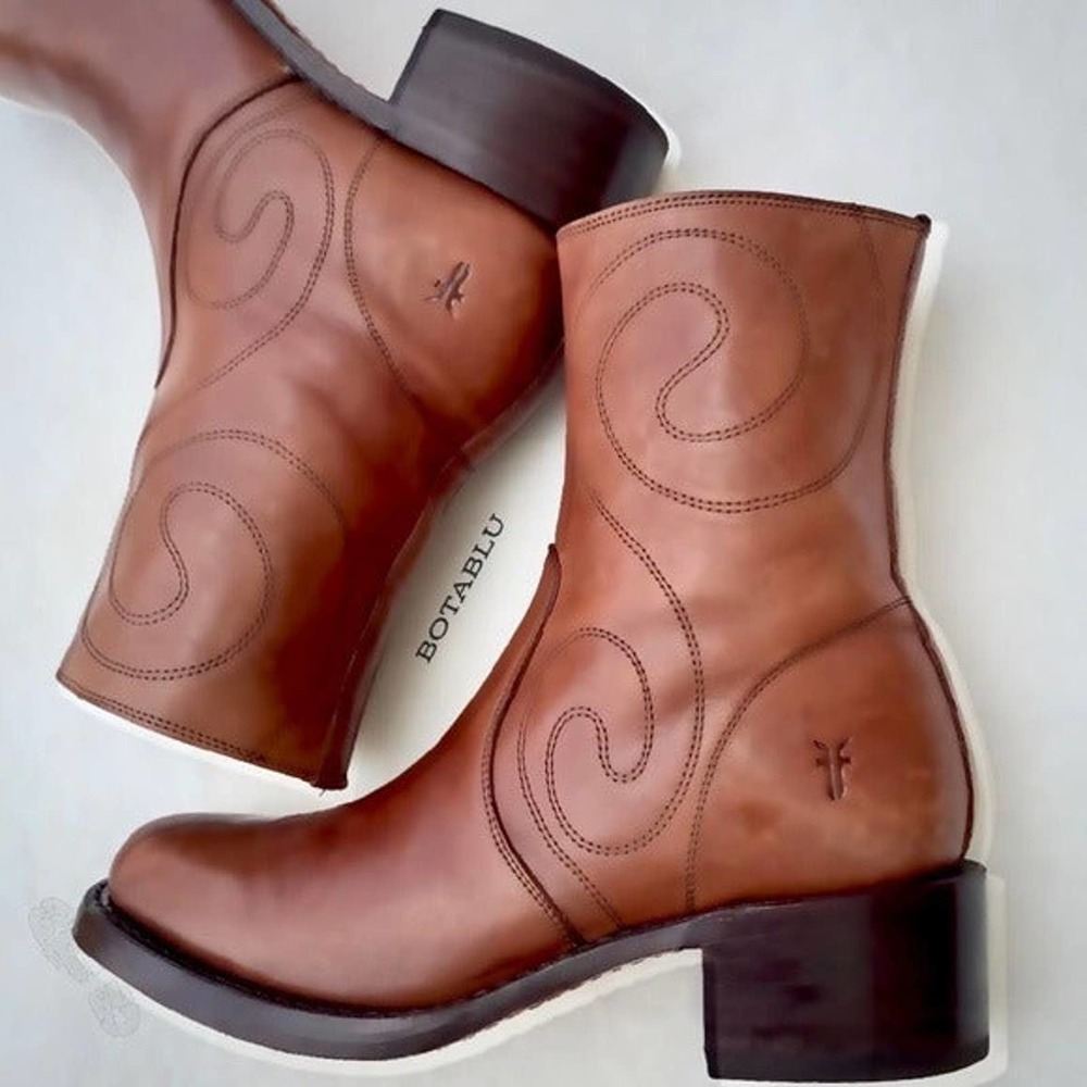 SOLD FRYE Vintage Campus Swirl Tan Brown Leather Short Zip Ankle Bootie Boots 8 - Picture 7 of 7